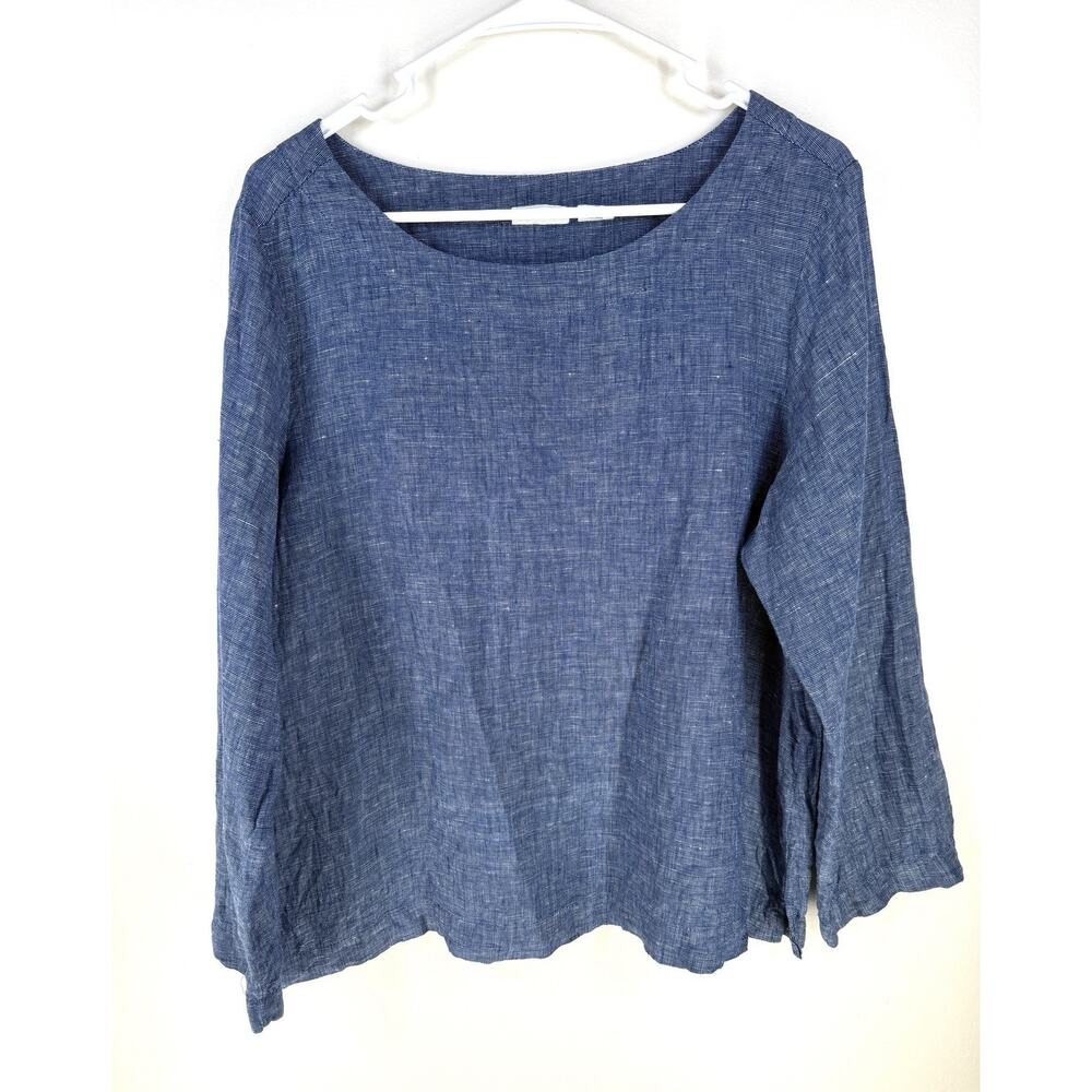 Sigrid Olsen Navy Blue Chambray Linen Top Blouse Large Beach Coastal Lagenlook